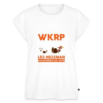 WKRP Thanksgiving Turkey Drop Thanksgiving Turkey - Women's Premium Roll Up Sleeve T-Shirt - white - Front - AI Model Female 180 light (180cm)