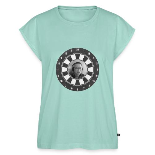 Producer Jay on Dartboard with Fusco Show back - Women's Premium Roll Up Sleeve T-Shirt