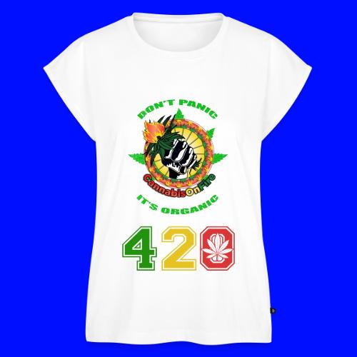 Playful 420 On Fire Organic Weed Marijuana Design - Women's Premium Roll Up Sleeve T-Shirt