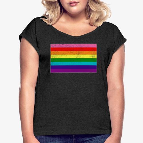 Distressed Original LGBT Gay Pride Flag - Women's Roll Cuff T-Shirt
