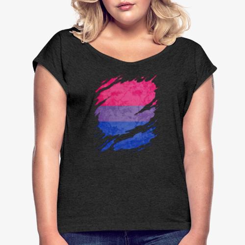 Bisexual Pride Flag Ripped Reveal - Women's Roll Cuff T-Shirt