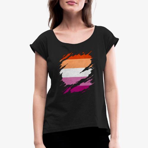 Lesbian Pride Flag Ripped Reveal - Women's Roll Cuff T-Shirt