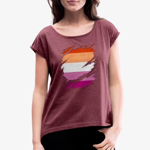 Lesbian Pride Flag Ripped Reveal - Women's Roll Cuff T-Shirt
