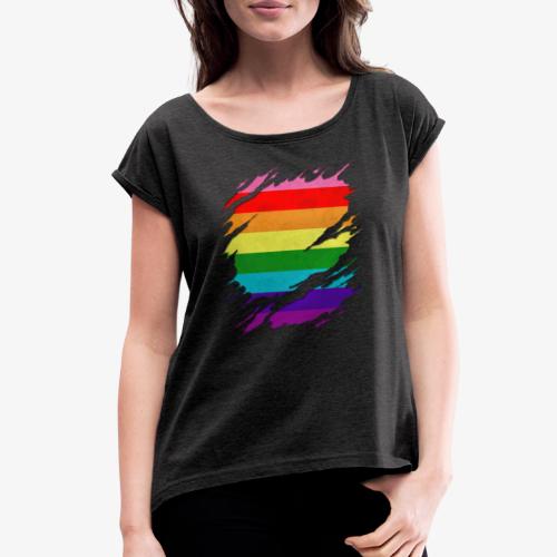 Original Gilbert Baker LGBT Gay Pride Flag Ripped - Women's Roll Cuff T-Shirt