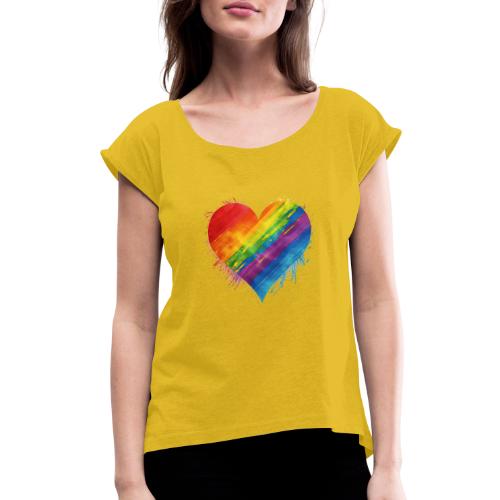 Watercolor Rainbow Pride Heart - LGBTQ LGBT Pride - Women's Roll Cuff T-Shirt