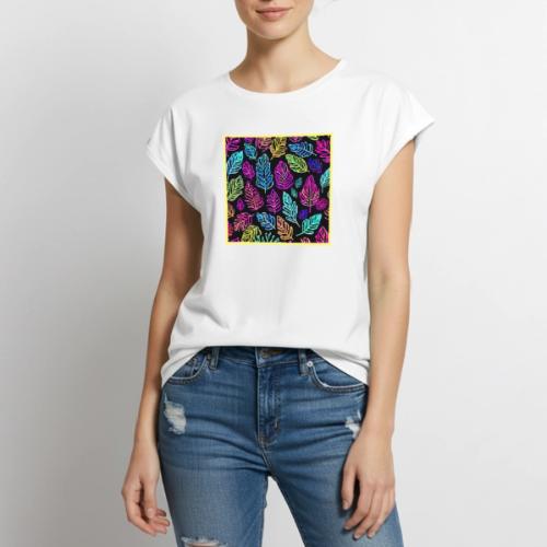 Luminous Foliage Tapestry: Neon Leaves Symphony - Women's Premium Roll Up Sleeve T-Shirt