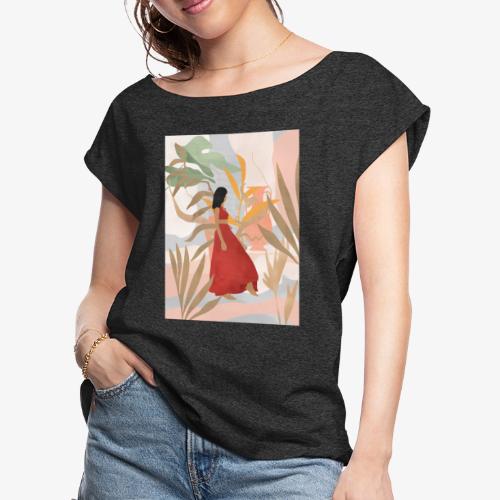 Red Dahlia summer flower - Women's Roll Cuff T-Shirt