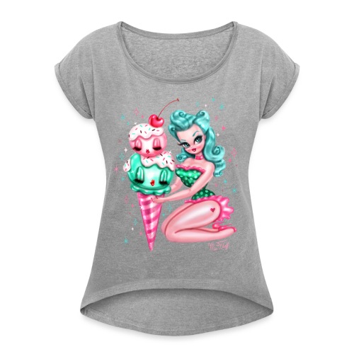 Ice Cream Pinup Doll - Women's Roll Cuff T-Shirt