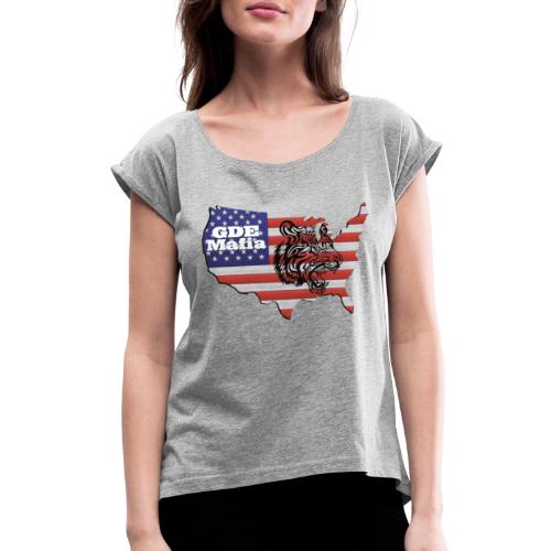 American Flag with Tiger - GDE Mafia - Women's Roll Cuff T-Shirt