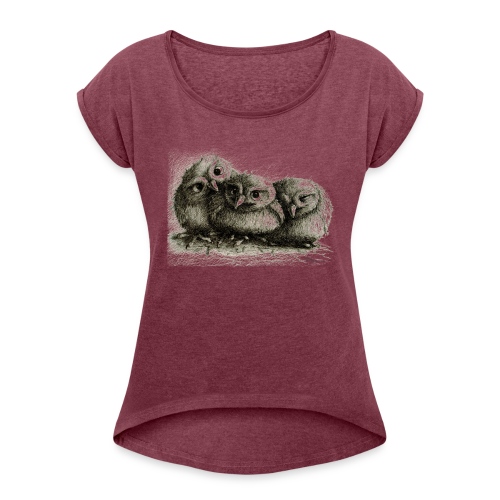 Three Cute Owls - Women's Roll Cuff T-Shirt