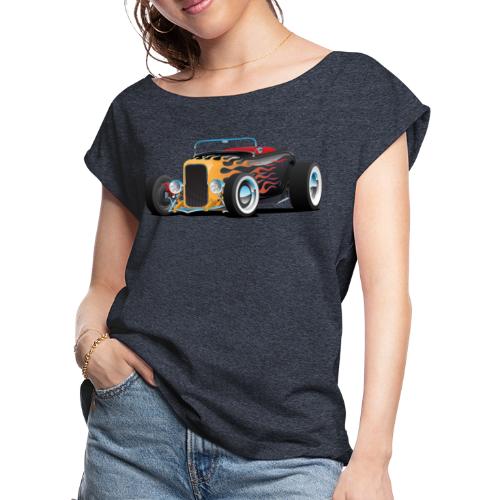 Custom Hot Rod Roadster Car with Flames - Women's Roll Cuff T-Shirt