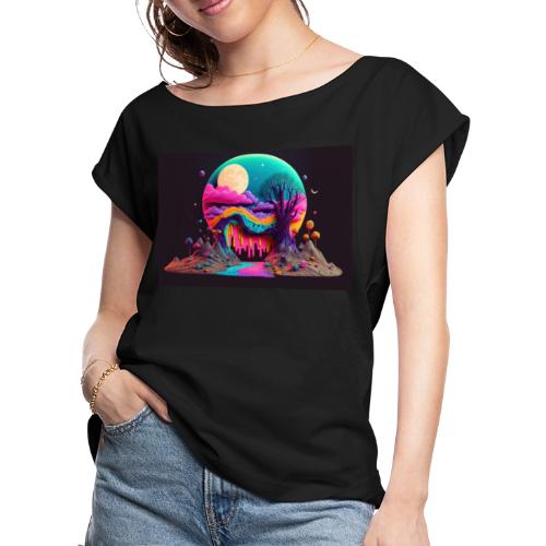 Spooky Full Moon Psychedelic Landscape Paint Drips - Women's Roll Cuff T-Shirt