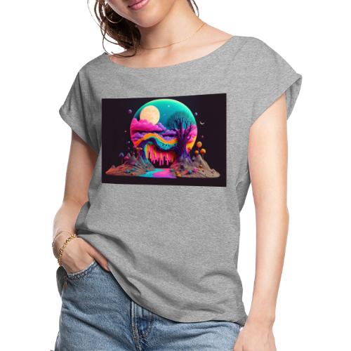 Spooky Full Moon Psychedelic Landscape Paint Drips - Women's Roll Cuff T-Shirt