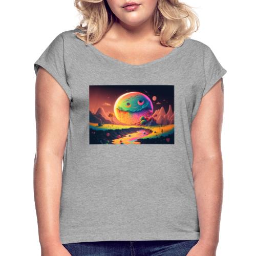 Spooky Smiling Moon Mountainscape - Psychedelia - Women's Roll Cuff T-Shirt
