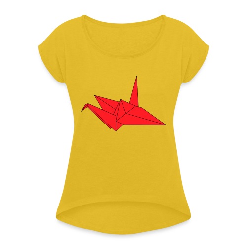 Origami Paper Crane Design - Red - Women's Roll Cuff T-Shirt
