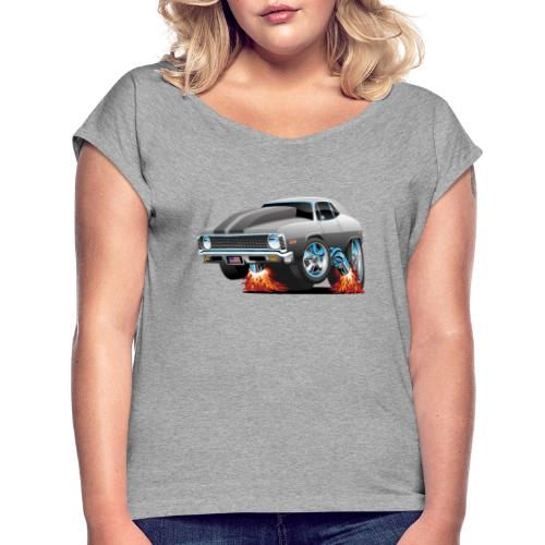 Classic American Muscle Car Hot Rod Cartoon - Women's Roll Cuff T-Shirt