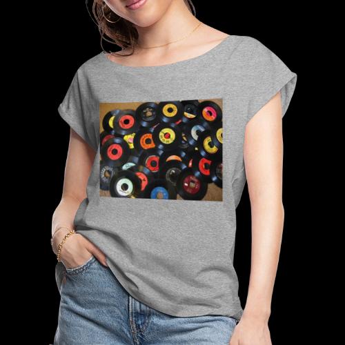 Vinyl Record Pile - Women's Roll Cuff T-Shirt