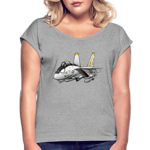 F-14 Tomcat Military Fighter Jet Aircraft Cartoon - Women's Roll Cuff T-Shirt