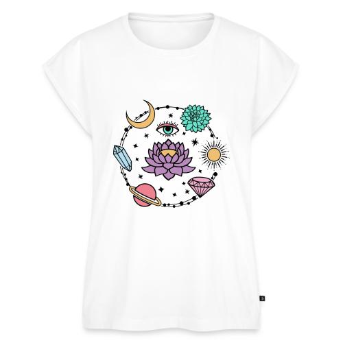 Healing Crystal, Moon, Flower, Sun - Women's Premium Roll Up Sleeve T-Shirt