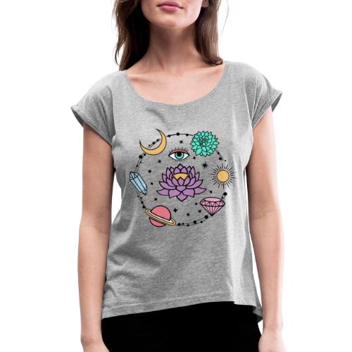 Healing Crystal, Moon, Flower, Sun - Women's Roll Cuff T-Shirt