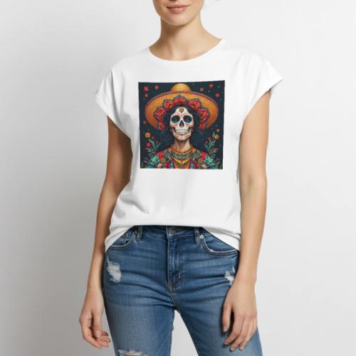 Charra Skull Art | Traditional Mexican Design - Women's Premium Roll Up Sleeve T-Shirt