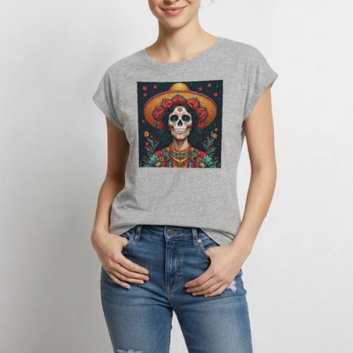 Charra Skull Art | Traditional Mexican Design - Women's Premium Roll Up Sleeve T-Shirt