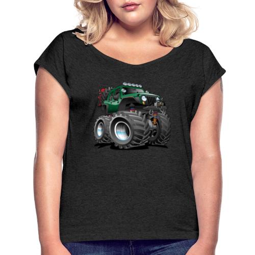 Off road 4x4 green jeeper cartoon - Women's Roll Cuff T-Shirt
