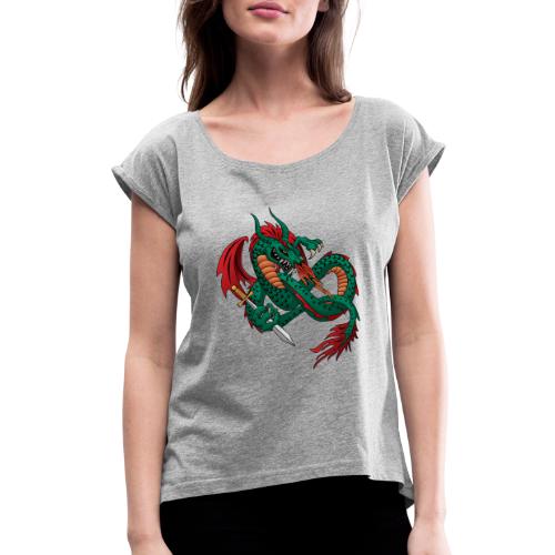 Flying Fire Breathing Dragon - Women's Roll Cuff T-Shirt