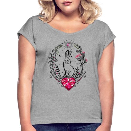 Hare Easter Bunny with Heart Crystal - Women's Roll Cuff T-Shirt