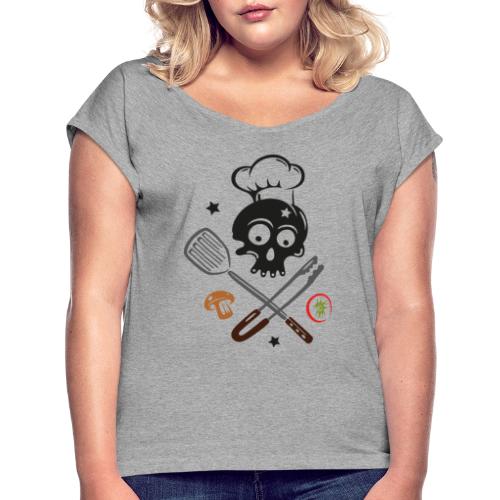 Skull with Chef Hat and Grilling Utensils - Women's Roll Cuff T-Shirt