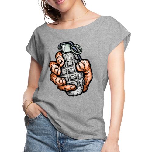 Hand Grenade In Comics Style - Women's Roll Cuff T-Shirt