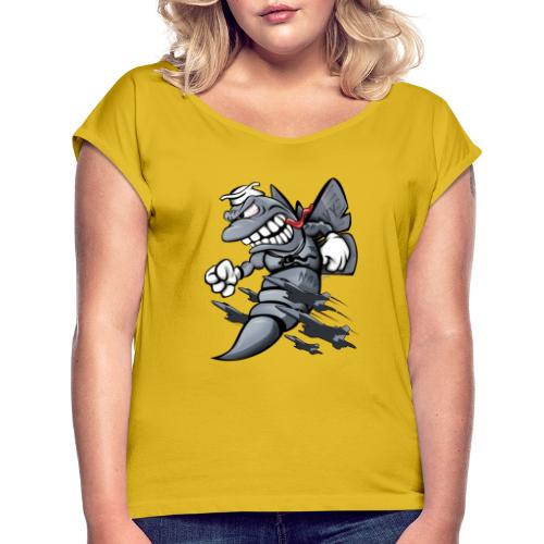 F/A-18 Hornet Fighter Attack Military Jet Cartoon - Women's Roll Cuff T-Shirt
