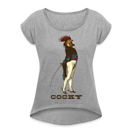 Cocky the Vintage Rooster Chicken - color - Women's Roll Cuff T-Shirt