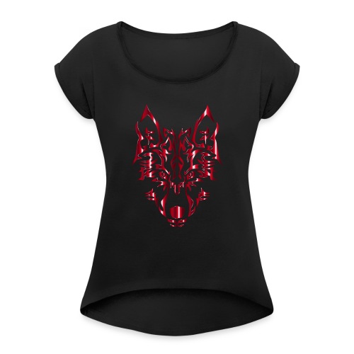 Crimson Symmetric Tribal Wolf No Background - Women's Roll Cuff T-Shirt