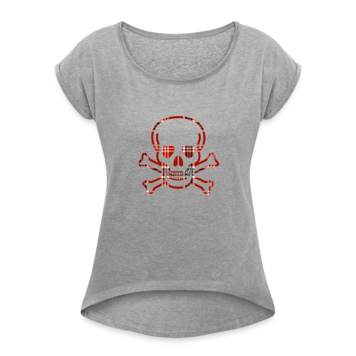 Skull & Cross Bones Red Plaid - Women's Roll Cuff T-Shirt