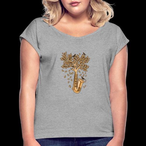 Saxophone Tree of Song Birds - Women's Roll Cuff T-Shirt