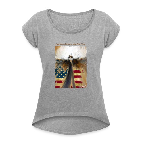 God bless America Angel_Strong color_Brown type - Women's Roll Cuff T-Shirt