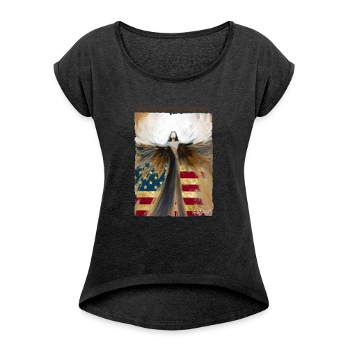 God bless America Angel_Strong color_Brown type - Women's Roll Cuff T-Shirt