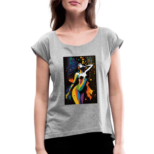 Vibing in the Night - Colorful Minimal Portrait - Women's Roll Cuff T-Shirt