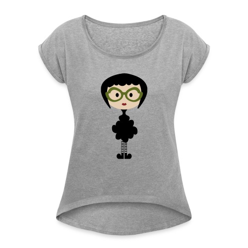 Stylish Fashion Girl and Big Green Glasses - Women's Roll Cuff T-Shirt