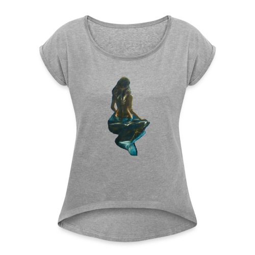 Midnight Mermaid on a rock - Women's Roll Cuff T-Shirt