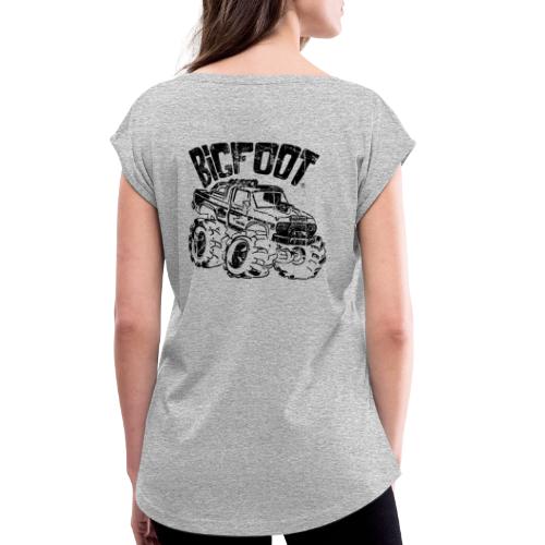 2-Sided Cartoon BIGFOOT Distressed 1975 - Women's Roll Cuff T-Shirt