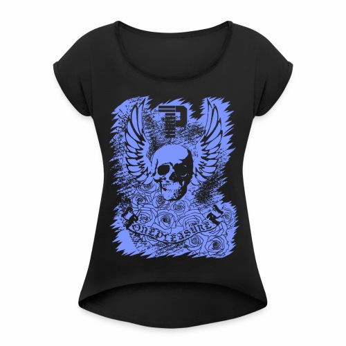 Cool OnePleasure Purple Skull Wings Roses Banner - Women's Roll Cuff T-Shirt