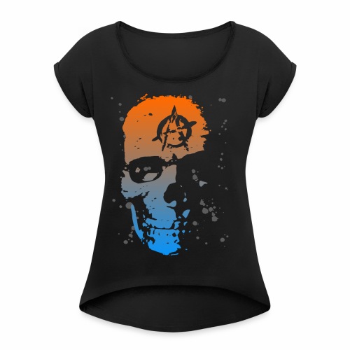 Anarchy Skull blue orange Grunge Splatter Dots - Women's Roll Cuff T-Shirt