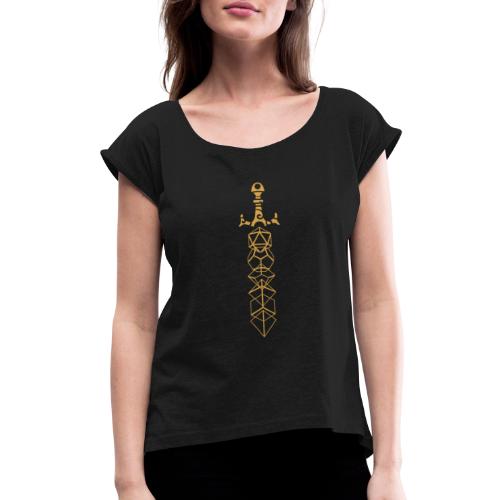 Gold Polyhedral Dice Sword - Women's Roll Cuff T-Shirt