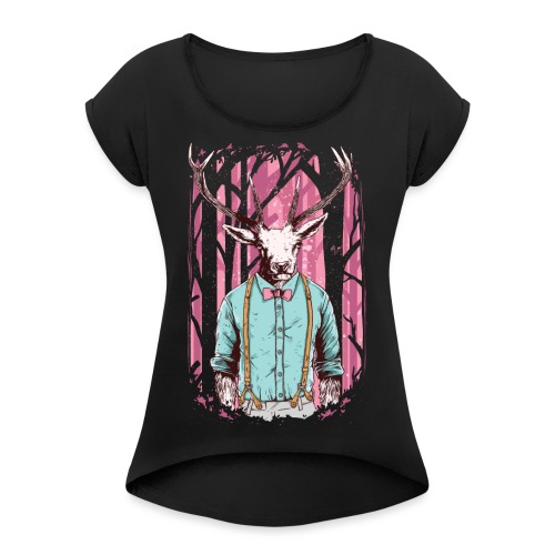 Fashion Deer with Bow Tie - Women's Roll Cuff T-Shirt