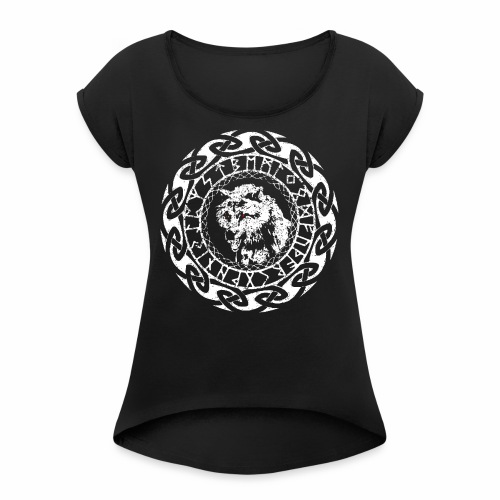Fenrir Geri Freki Wolf Viking Tribal Runes - Women's Roll Cuff T-Shirt