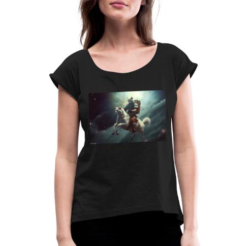 Cat Rider of the Apocalypse II - Weird Painting - Women's Roll Cuff T-Shirt