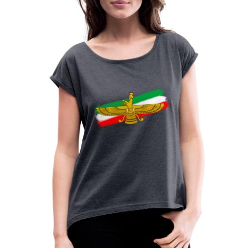 Iran Flag Faravahar Lion Sun - Women's Roll Cuff T-Shirt