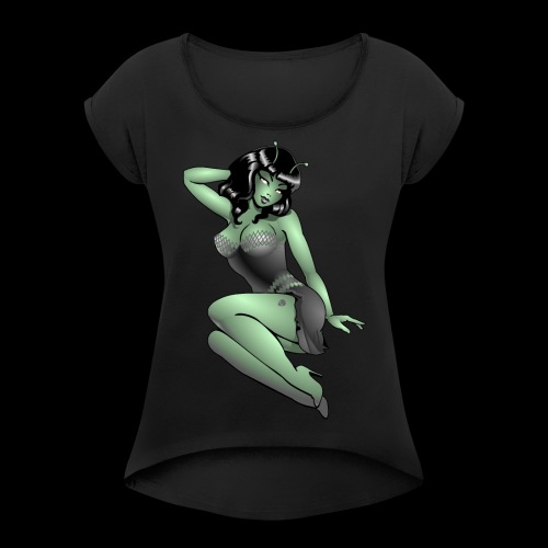 Pinup Girl Alien Gifts & Shirts Retro Pinup Alien - Women's Roll Cuff T-Shirt
